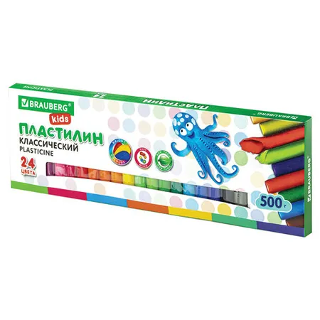 Пластилин классический BRAUBERG KIDS, 24 цвета, 500 г