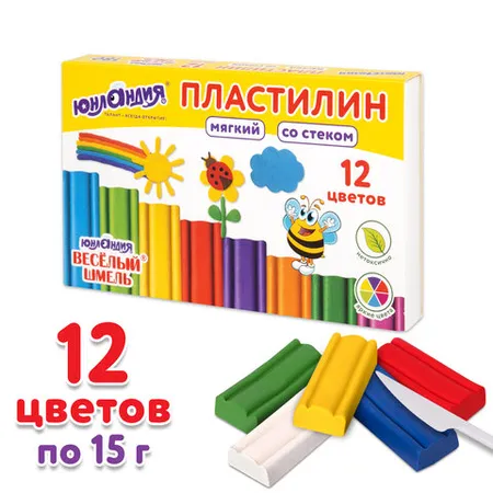 Փափուկ պլաստիլին ЮНЛАНДИЯ "ВЕСЕЛЫЙ ШМЕЛЬ", 12 գույն - ЮНЛАНДИЯ (SKU: 106672) | KapanStore