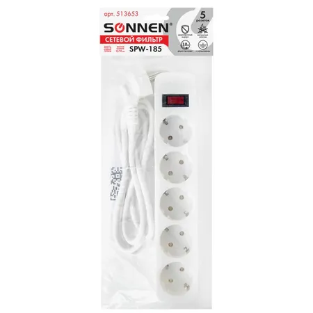 Ցանցային ֆիլտր SONNEN SPW-185 (5 վարդակ, 1.8 մ, Սպիտակ) - SONNEN (SKU: 513653) | Zangezur Pro